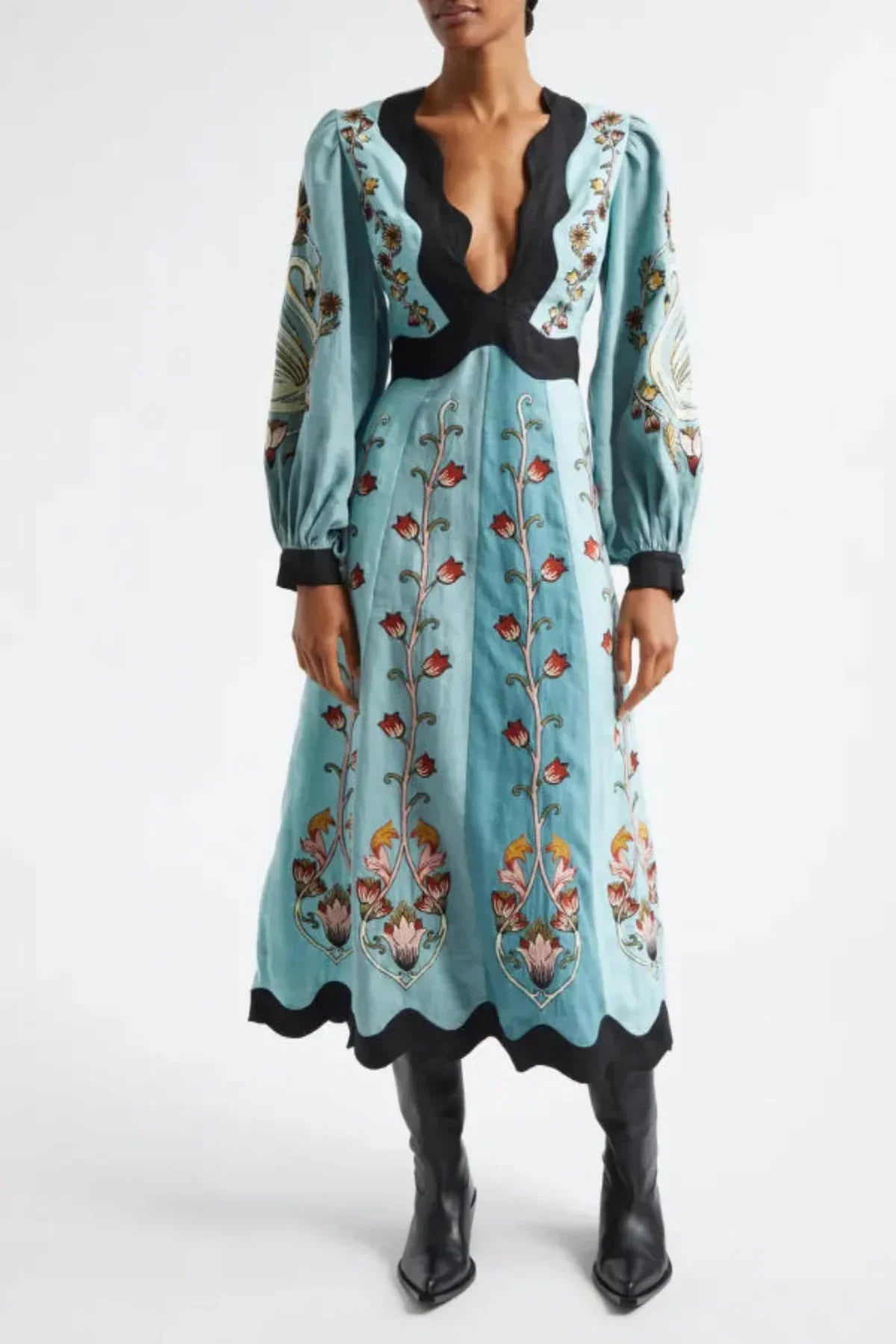 CATERINA | EMBROIDERED BLUE MIDI DRESS