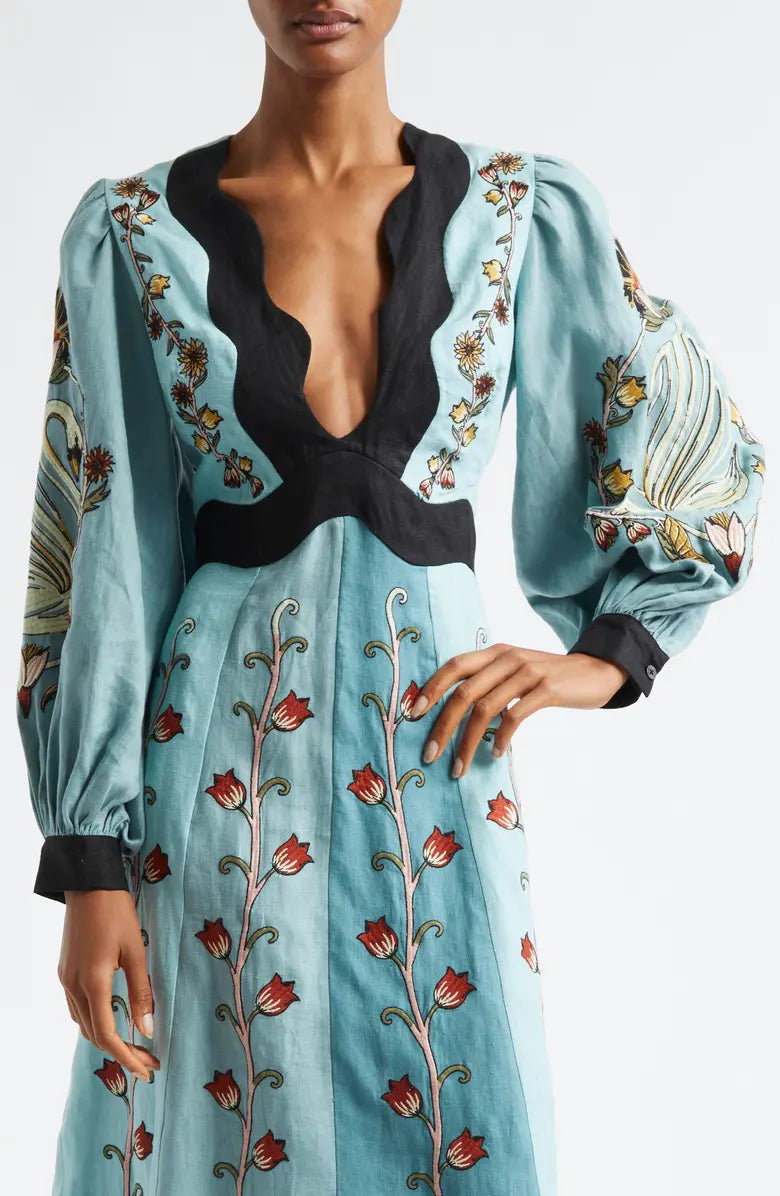 CATERINA | EMBROIDERED BLUE MIDI DRESS